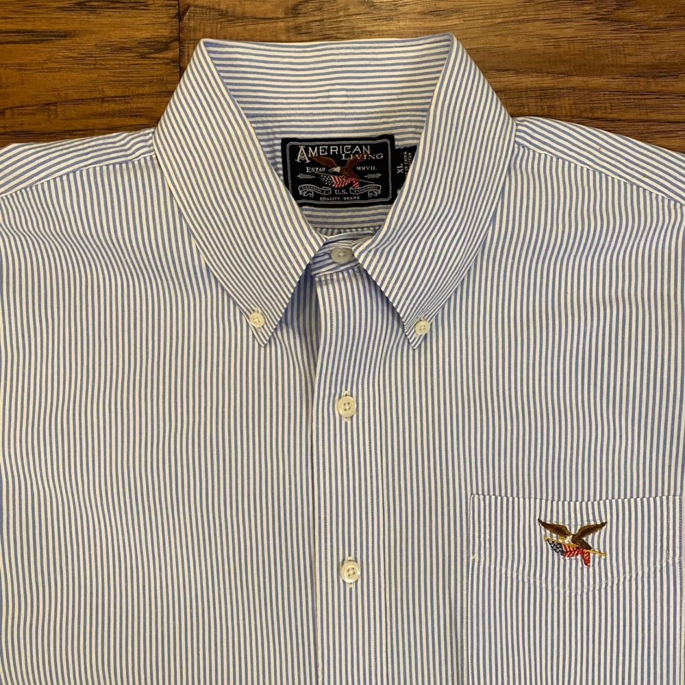American Living Mens XL Blue White Striped Short Sleeve Button Down Eagle Shirt